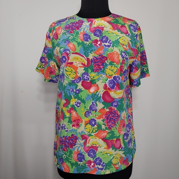 Vtg Fruit Top 6 Keyhole Short Sleeve Abstract Multicolor Keyhole Blouse 80's - Picture 1 of 7